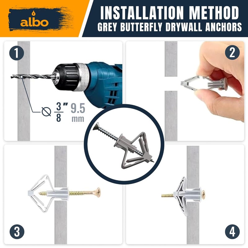 ALBO Drywall Anchor Kit Hollow Wall with Screws 100 pcs. (Grey Anchor 50pcs + Screws 50pcs) Plastic Hollow Wall Drilling Anchors - Image 3